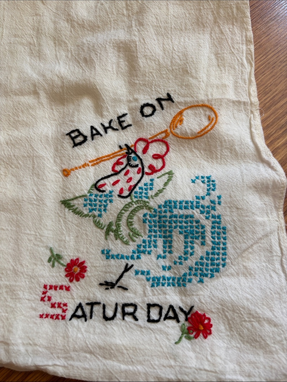 Embroidered 'Bake On Saturday' White Kitchen Tea Towel